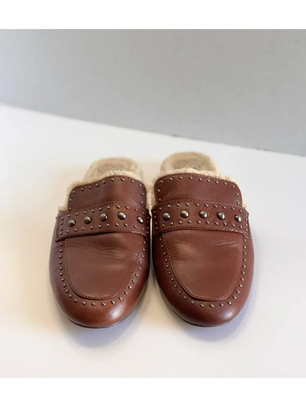 Vince Camuto Alvintal Faux Fur Studded Mules Women's Sz 8M Brown Leather Comfort